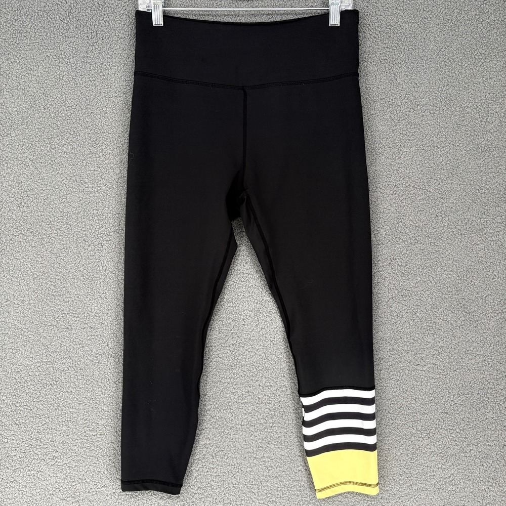 Zyia Active Women Black Striped Yellow Colorblock Leggings Size 12 High Waist